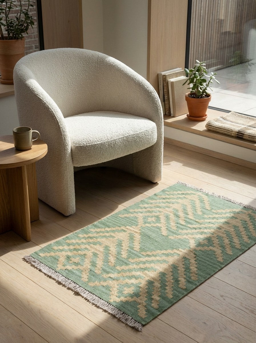 Kelim Gashgai — Handmade, 61x88 cm, Green, 100% Virgin Wool | Detail view
