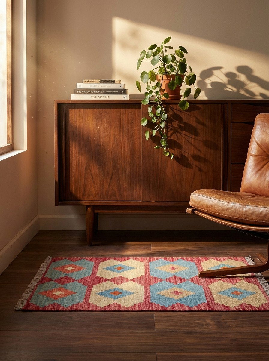 Kelim Gashgai — Handgefertigt, 90x63 cm, Rot, 100% Virgin Wool | Back view