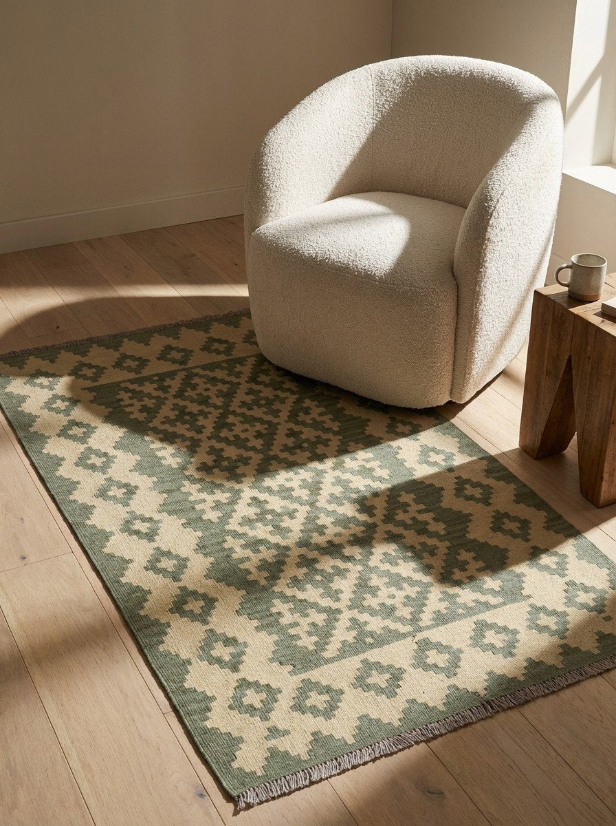 Kelim Gashgai — Handgefertigt, 160x98 cm, Beige, 100% Virgin Wool | Detail view