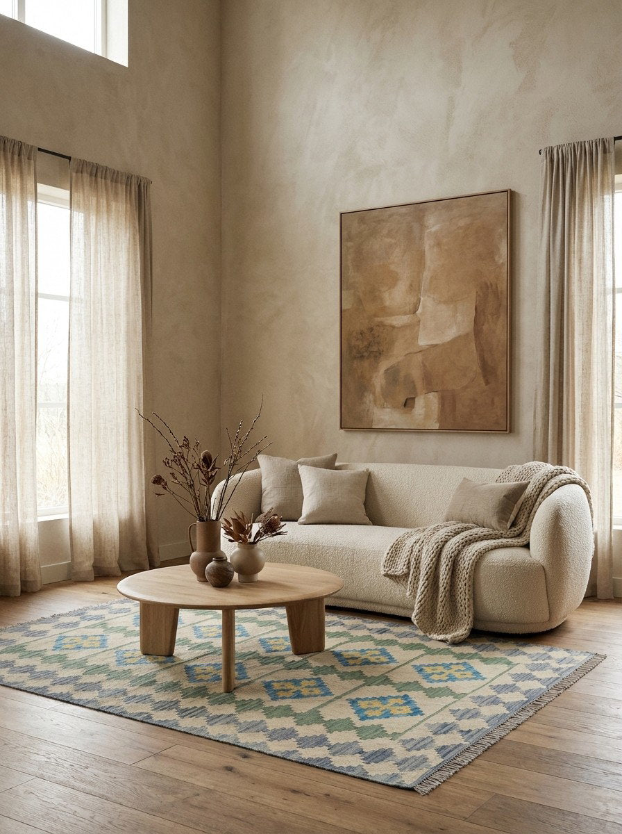 Kelim Gashgai — Handgefertigt, 172x117 cm, Blau, 100% Virgin Wool | Detail view