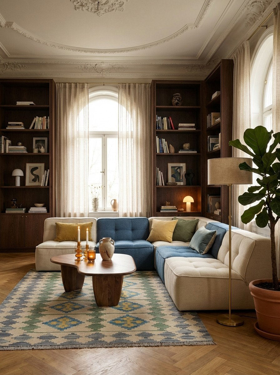 Kelim Gashgai — Handgefertigt, 172x117 cm, Blau, 100% Virgin Wool | Back view