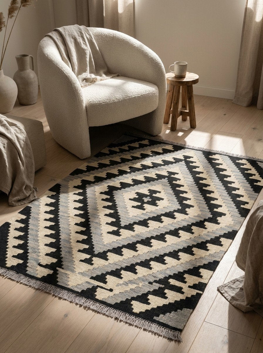 Kelim Gashgai — Handgefertigt, 143x103 cm, Beige, 100% Virgin Wool | Detail view