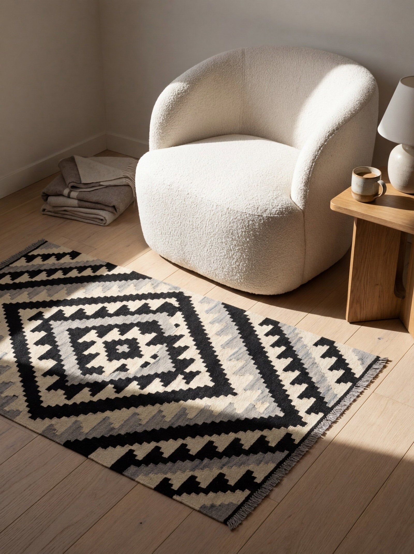 Kelim Gashgai — Handgefertigt, 148x99 cm, Beige, 100% Virgin Wool | Detail view