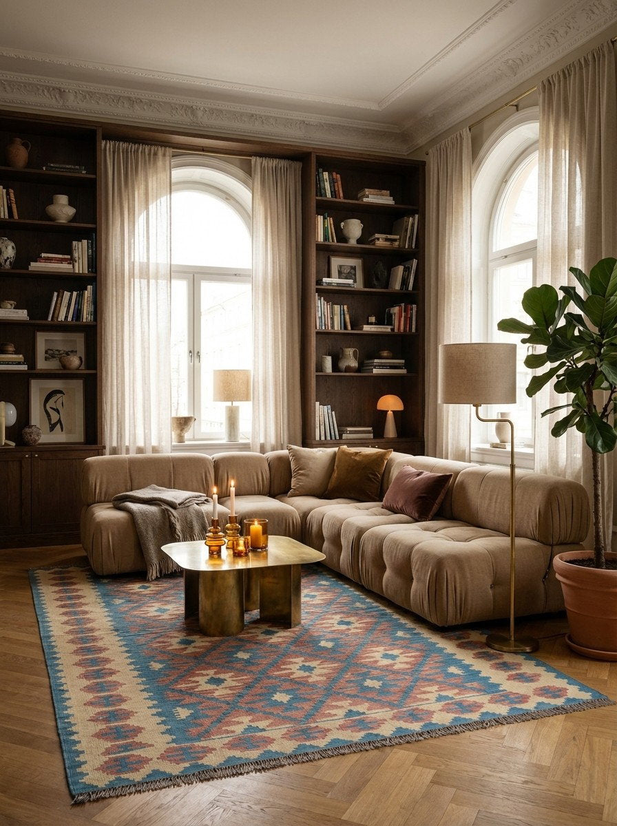 Kelim Gashgai — Handgefertigt, 235x172 cm, Beige, 100% Virgin Wool | Back view