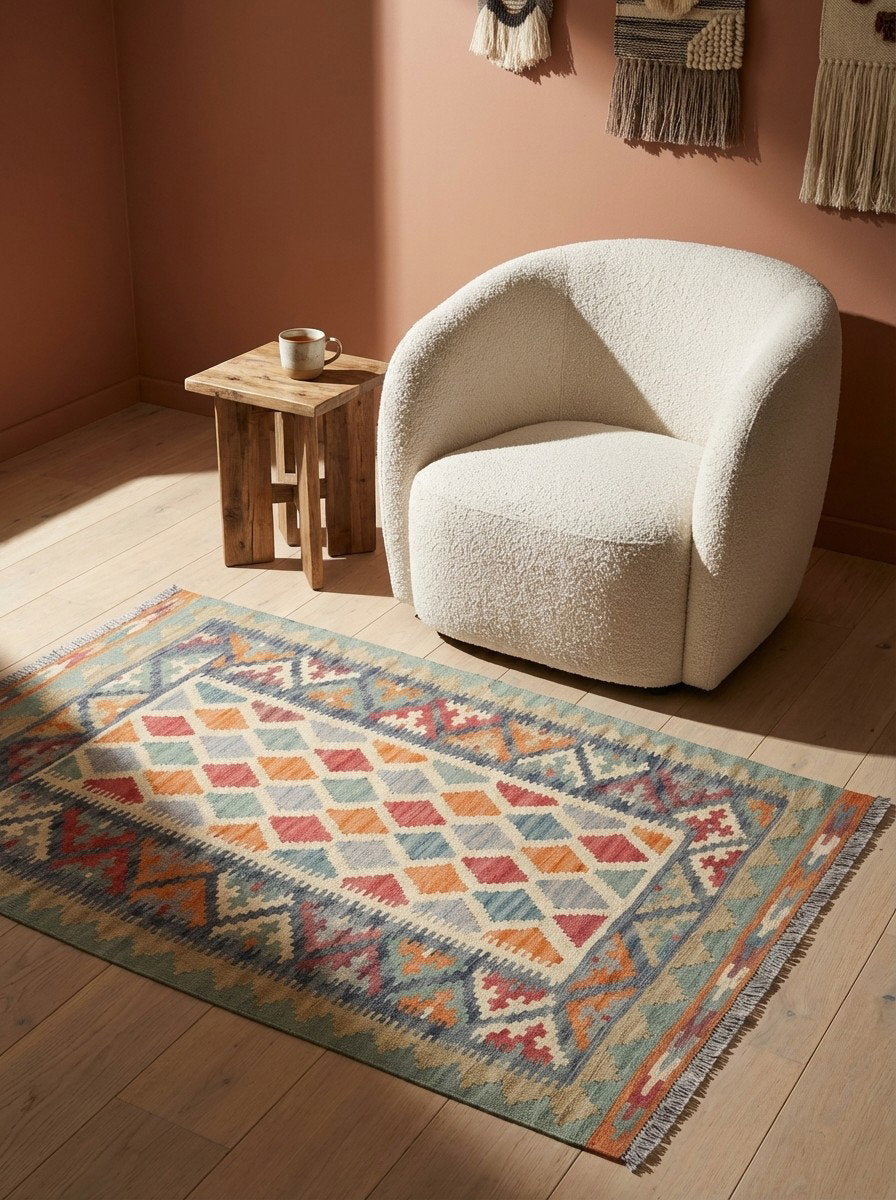 Kelim Gashgai — Handgefertigt, 155x104 cm, Blau, 100% Virgin Wool | Detail view