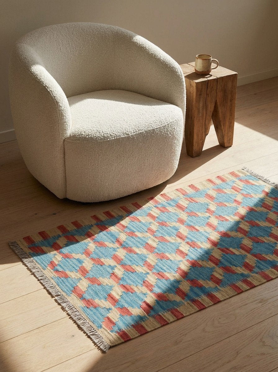 Kelim Gashgai — Handgefertigt, 120x79 cm, Beige, 100% Virgin Wool | Detail view