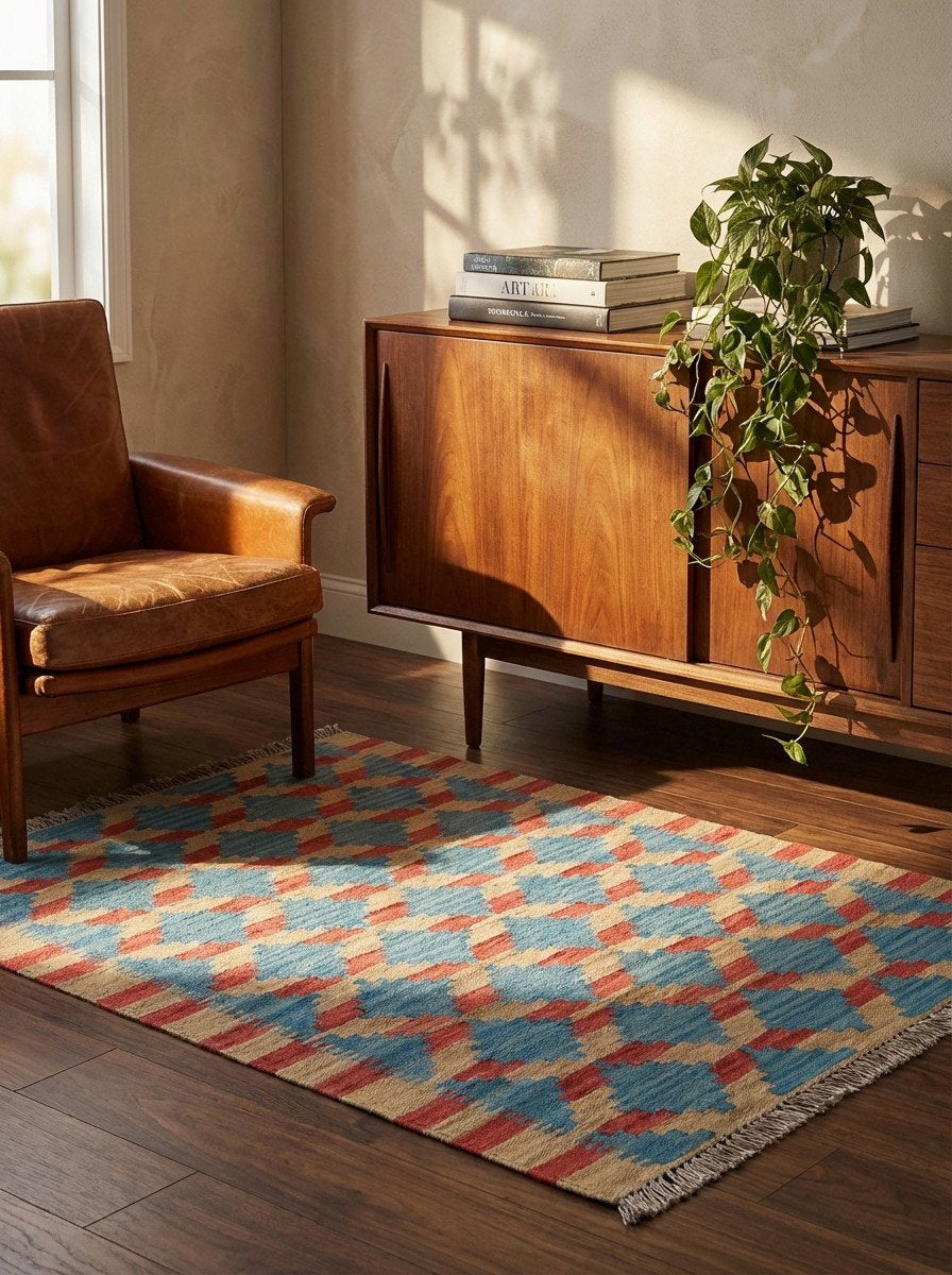 Kelim Gashgai — Handgefertigt, 120x79 cm, Beige, 100% Virgin Wool | Back view