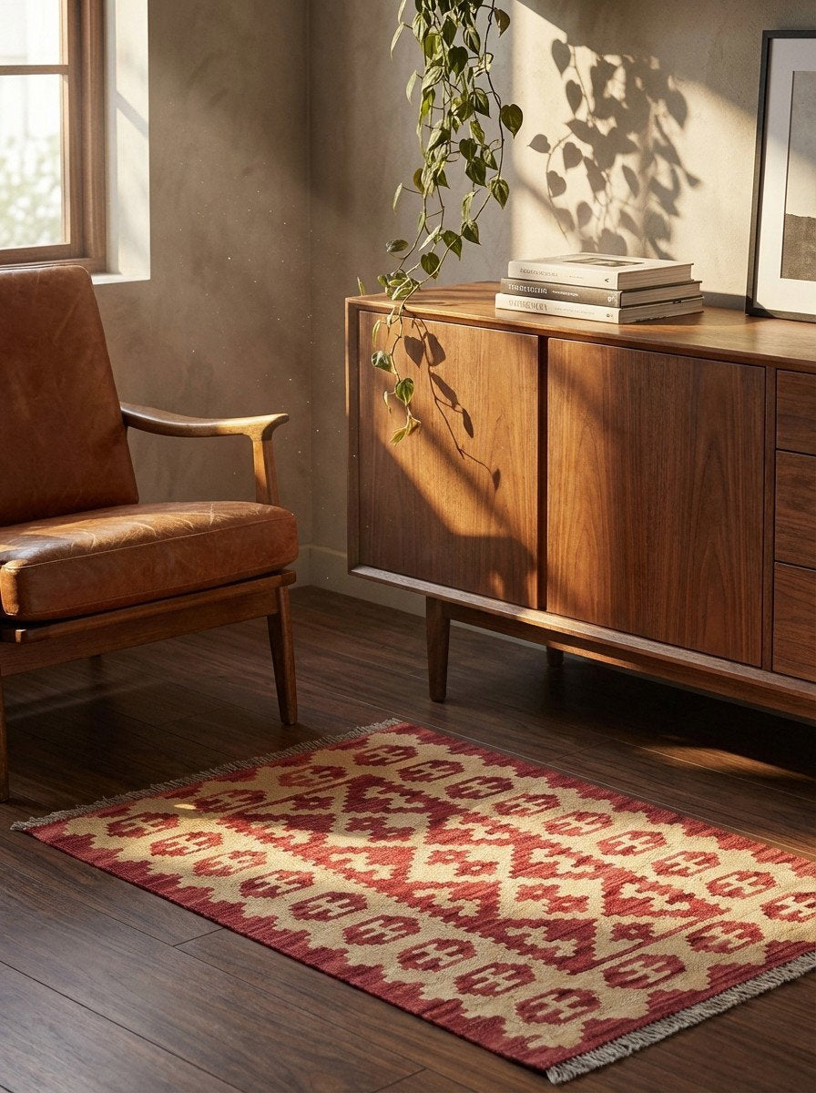 Kelim Gashgai — Handgefertigt, 90x62 cm, Beige, 100% Virgin Wool | Back view