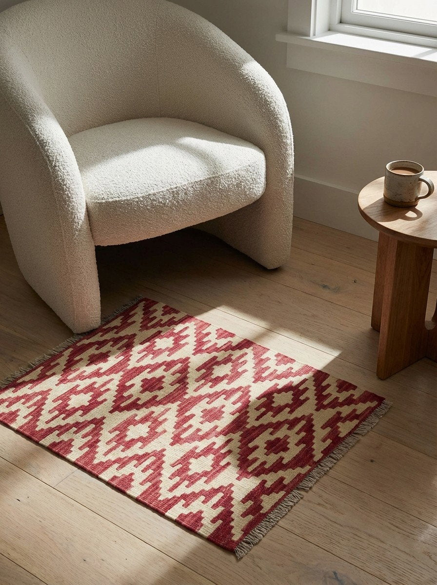 Kelim Gashgai — Handgefertigt, 88x62 cm, Rot, 100% Virgin Wool | Detail view