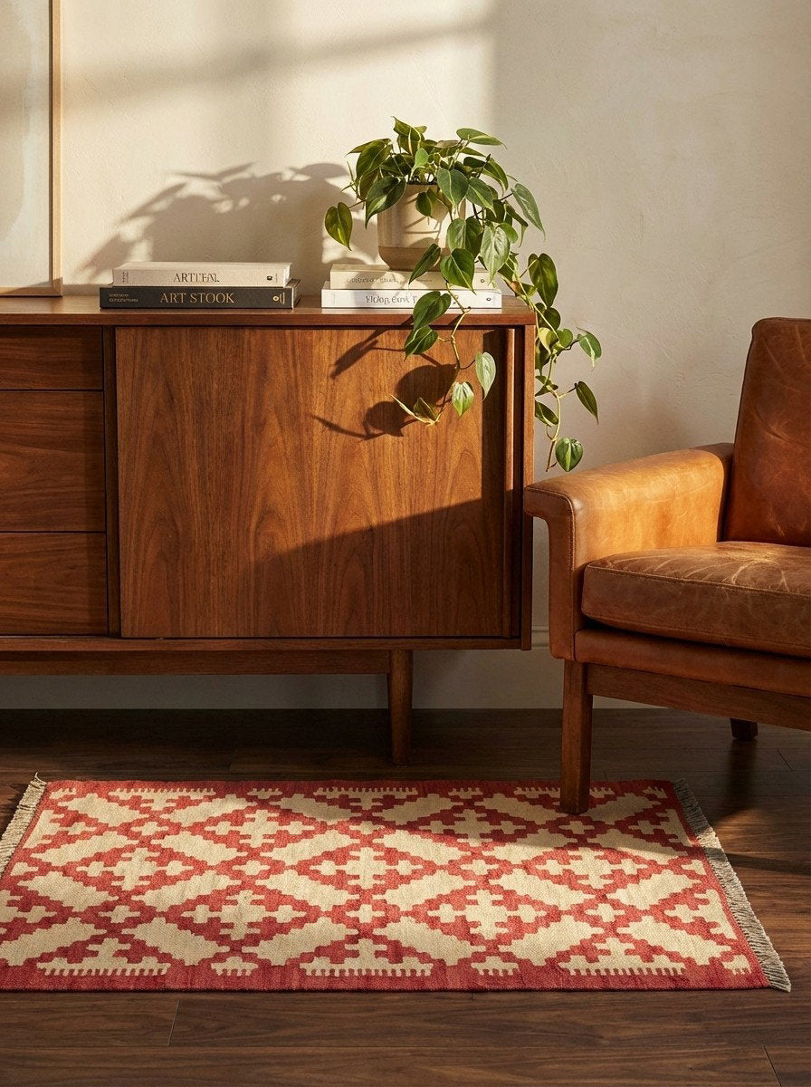 Kelim Gashgai — Handgefertigt, 91x64 cm, Rot, 100% Virgin Wool | Back view