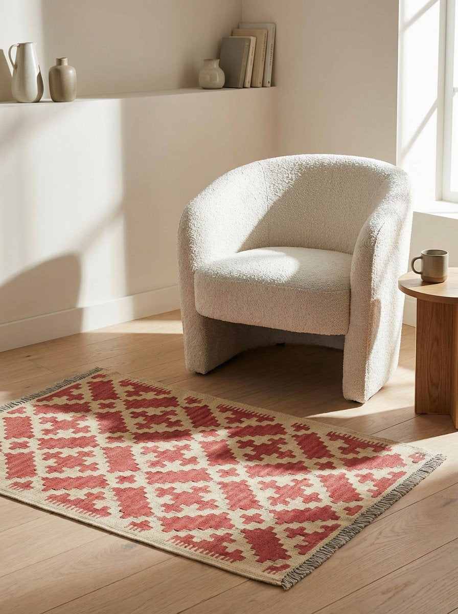 Kelim Gashgai — Handgefertigt, 89x63 cm, Beige, 100% Virgin Wool | Detail view