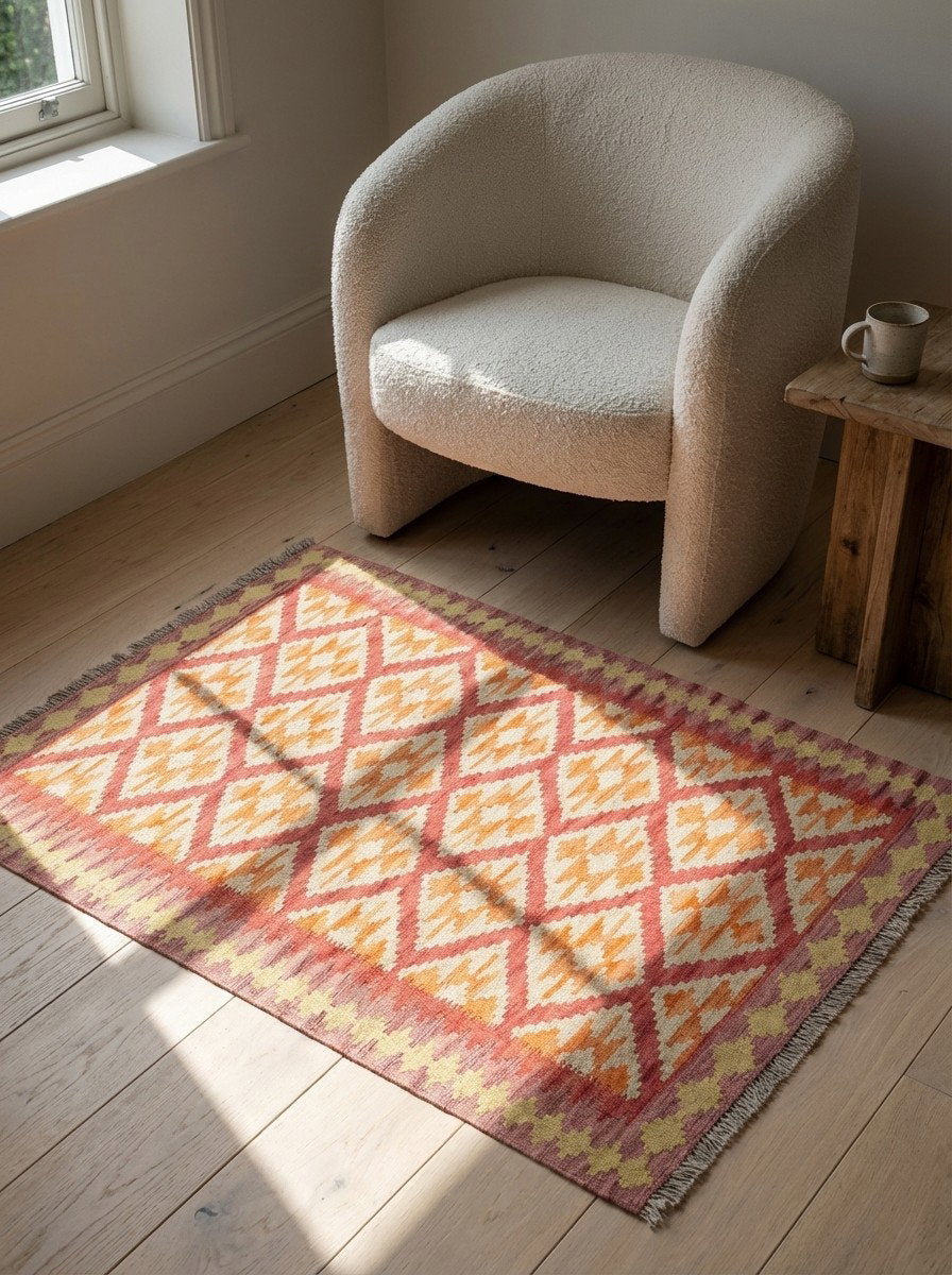 Kelim Gashgai — Handgefertigt, 147x102 cm, Rosa, 100% Virgin Wool | Detail view