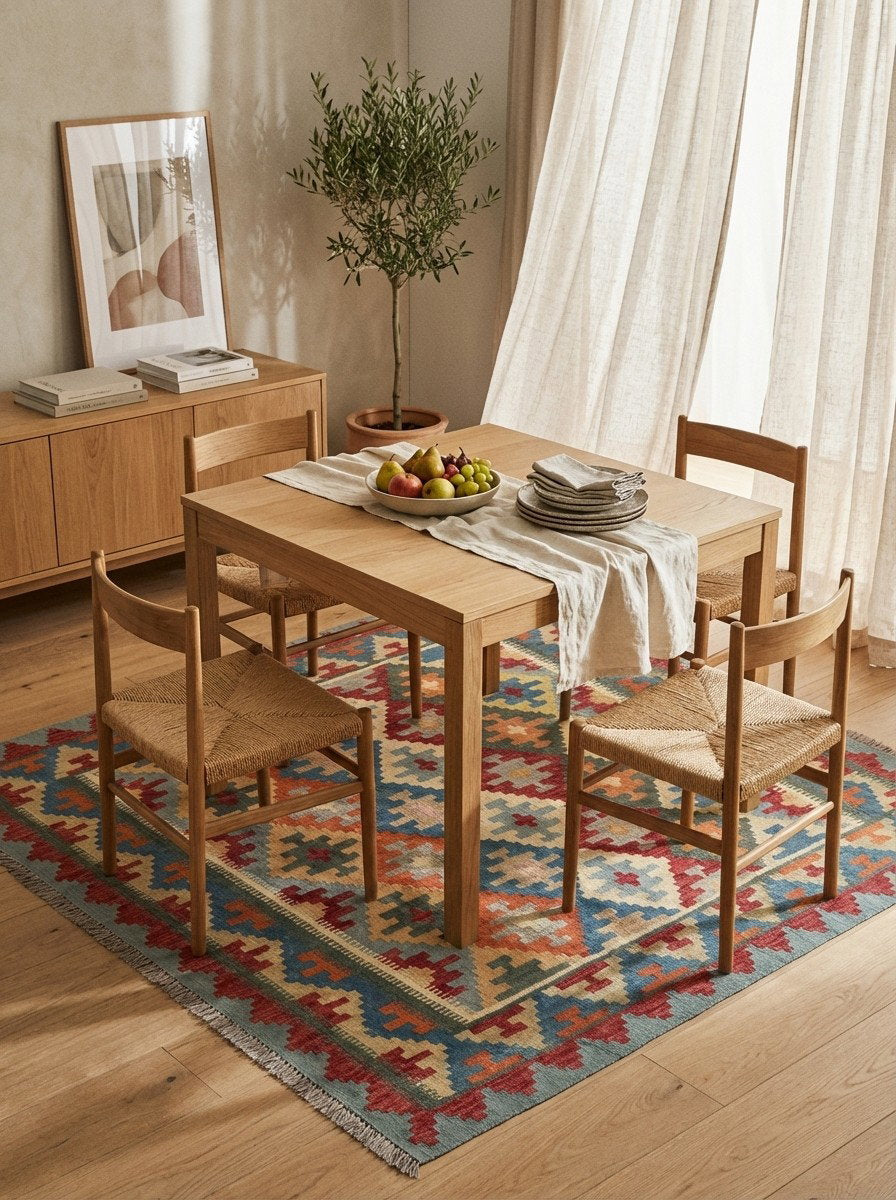 Kelim Gashgai — Handgefertigt, 152x158 cm, Blau, 100% Virgin Wool | Detail view