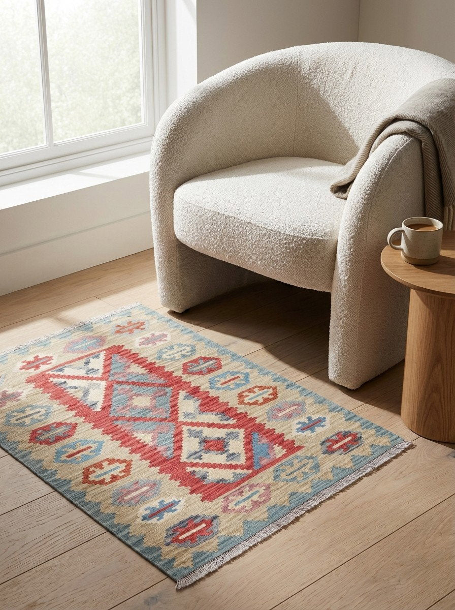 Kelim Gashgai — Handgefertigt, 152x104 cm, Beige, 100% Virgin Wool | Detail view