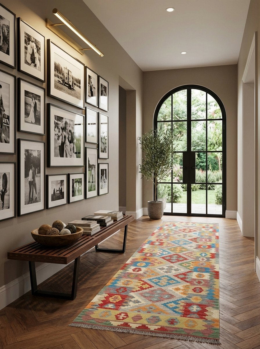 Kelim Gashgai — Handgefertigt, 285x84 cm, Bunt, 100% Virgin Wool | Detail view