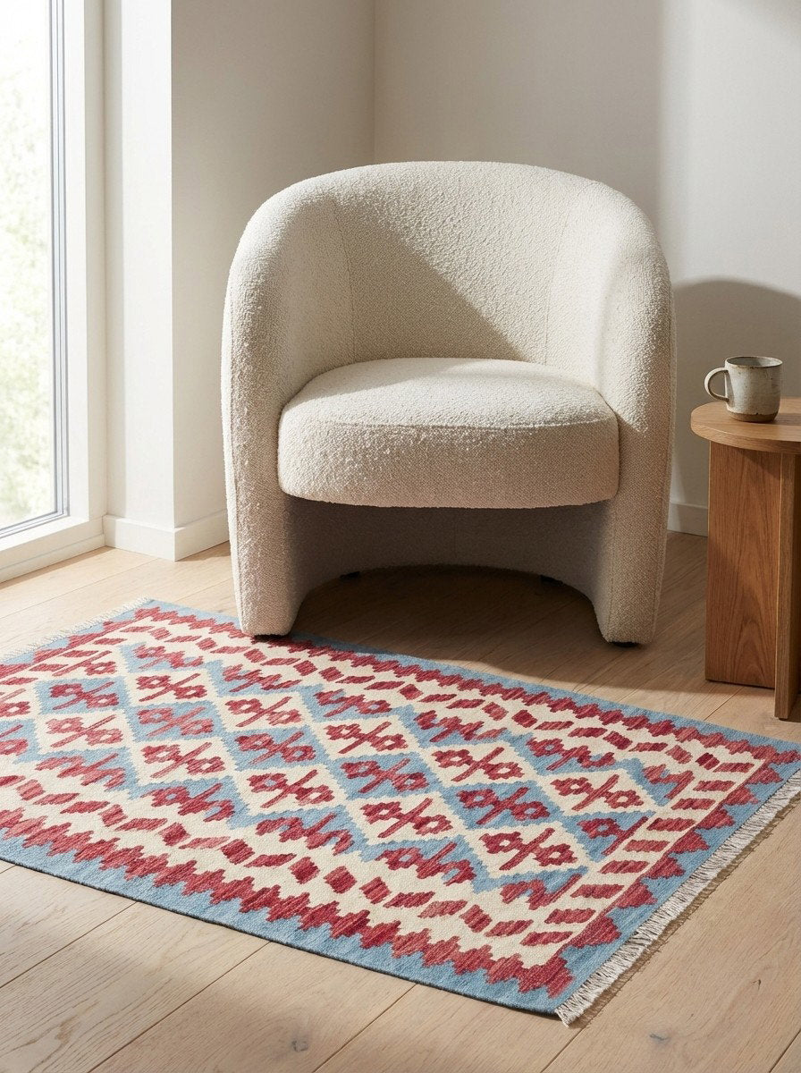 Kelim Gashgai — Handgefertigt, 148x101 cm, Beige, 100% Virgin Wool | Detail view