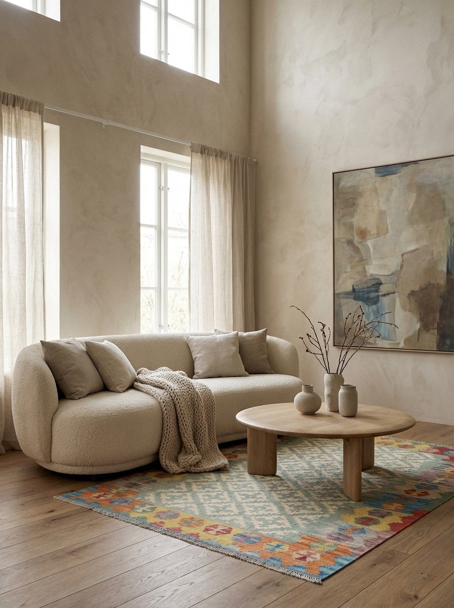 Kelim Gashgai — Handmade, 125x182 cm, Beige, 100% Virgin Wool | Detail view