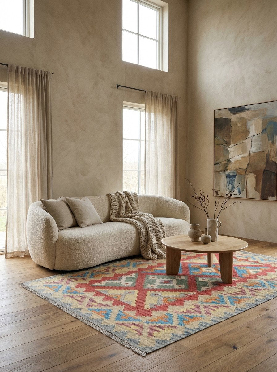 Kelim Gashgai — Handgefertigt, 171x123 cm, Beige, 100% Virgin Wool | Detail view