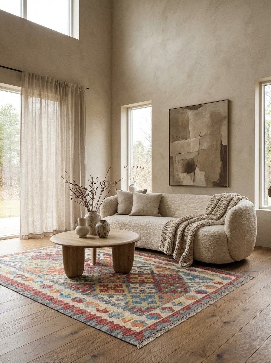 Kelim Gashgai — Handmade, 124x176 cm, Beige, 100% Virgin Wool | Detail view