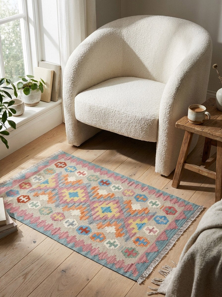 Kelim Gashgai — Handgefertigt, 127x80 cm, Rosa, 100% Virgin Wool | Detail view