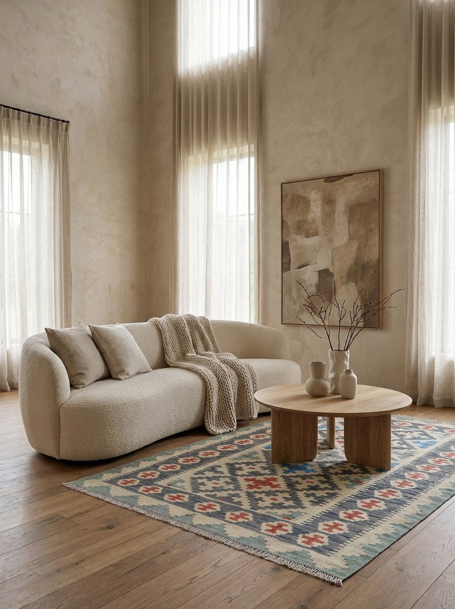 Kelim Gashgai — Handgefertigt, 174x117 cm, Blau, 100% Virgin Wool | Detail view