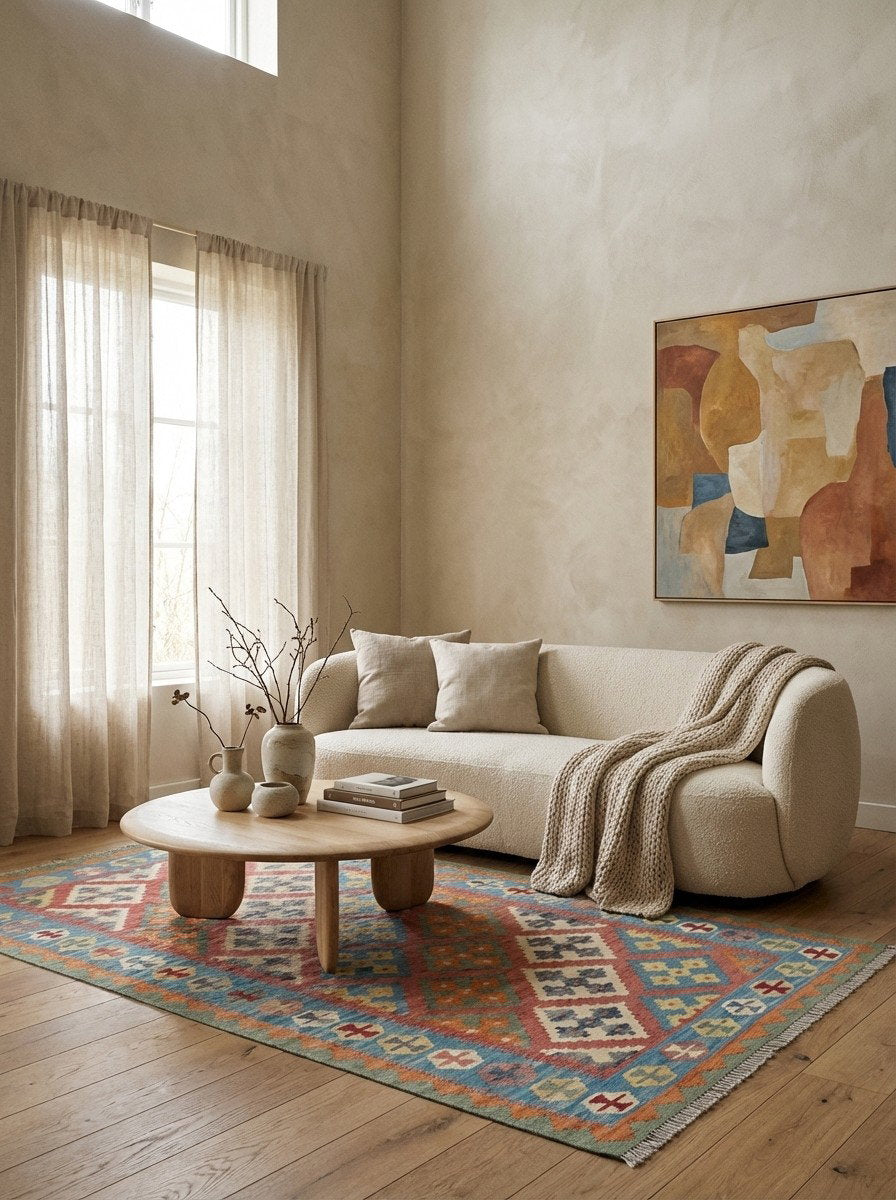 Kelim Gashgai — Handgefertigt, 191x129 cm, Blau, 100% Virgin Wool | Detail view