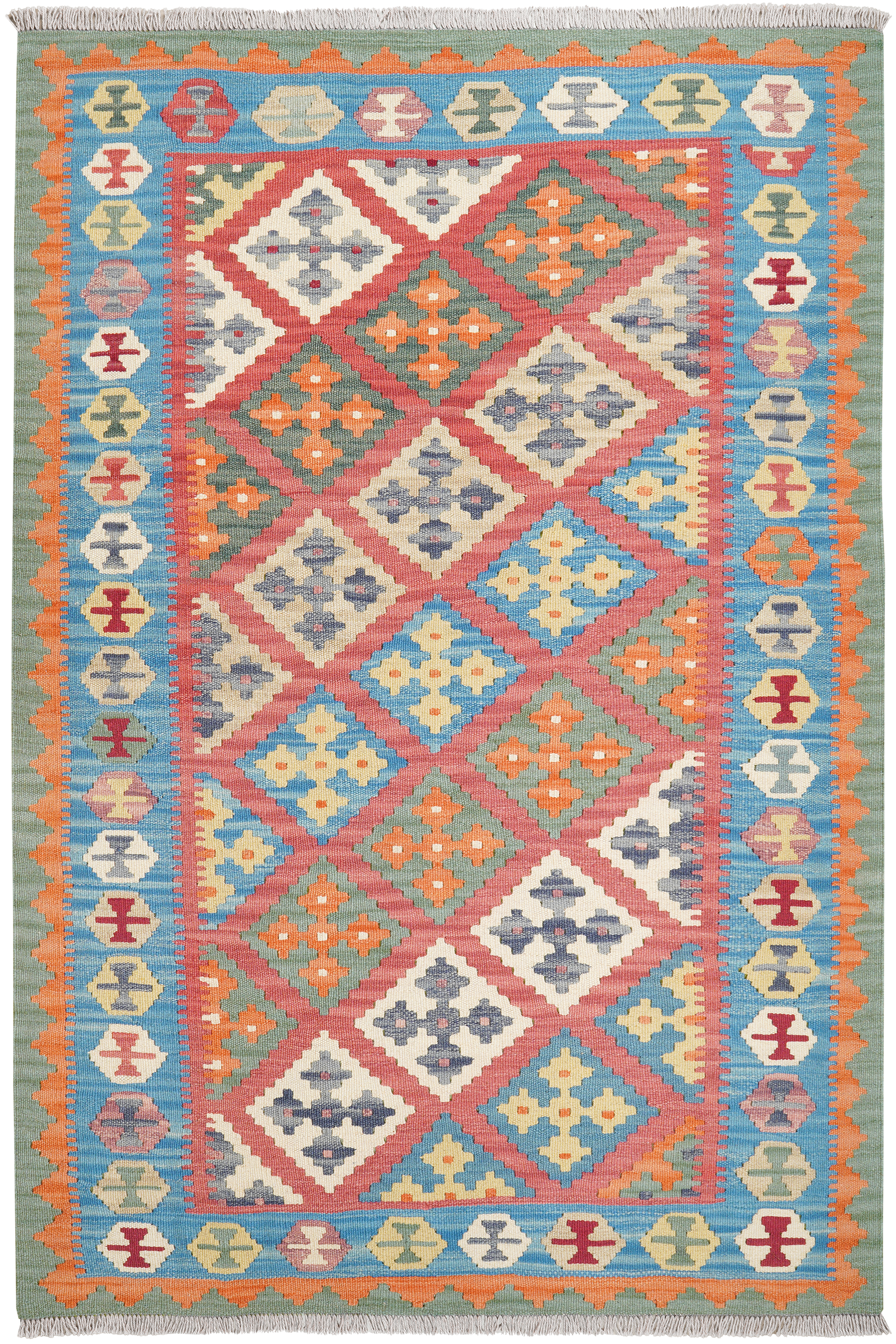 Kelim Gashgai — Handgefertigt, 191x129 cm, Blau, 100% Virgin Wool | Main view