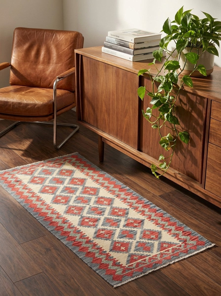 Kelim Gashgai — Handmade, 87x204 cm, Beige, 100% Virgin Wool | Back view