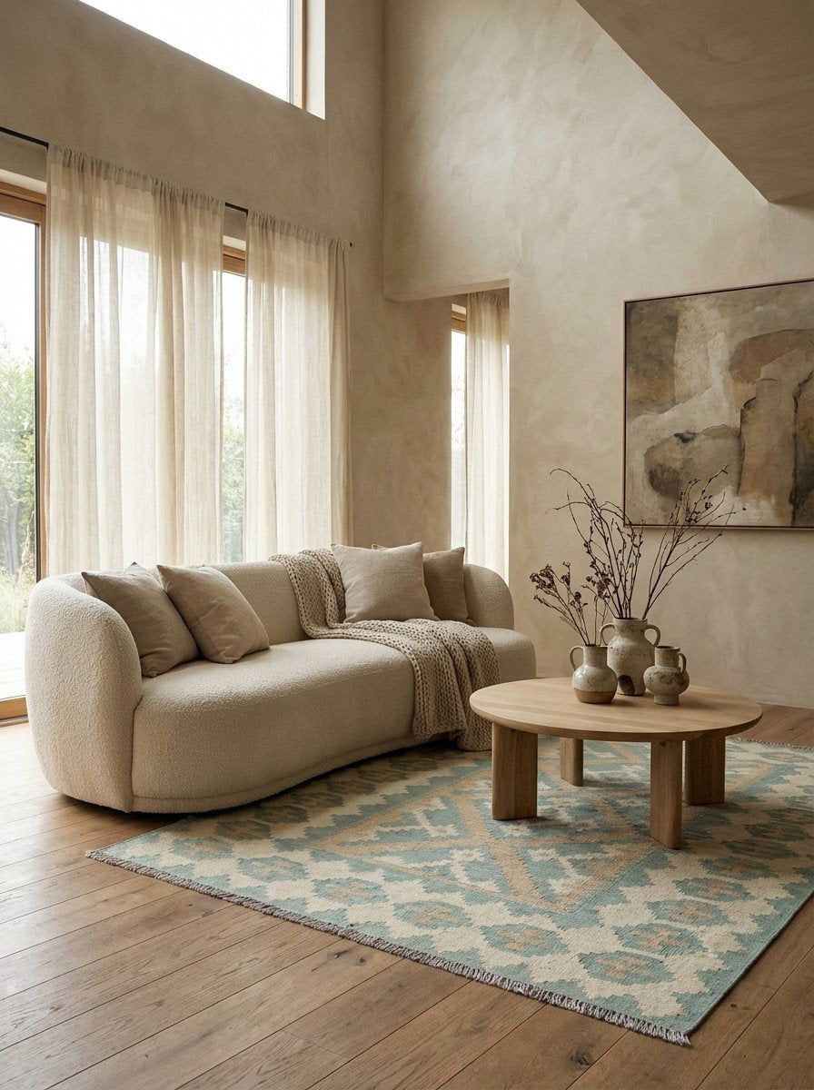 Kelim Gashgai — Handgefertigt, 176x122 cm, Beige, 100% Virgin Wool | Detail view