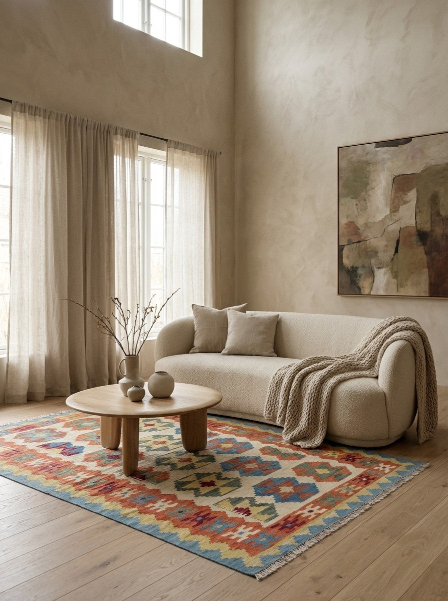 Kelim Gashgai — Handmade, 122x174 cm, Beige, 100% Virgin Wool | Detail view