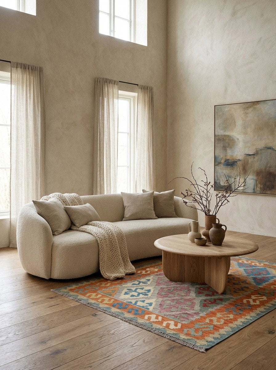 Kelim Gashgai — Handgefertigt, 176x125 cm, Orange, 100% Virgin Wool | Detail view