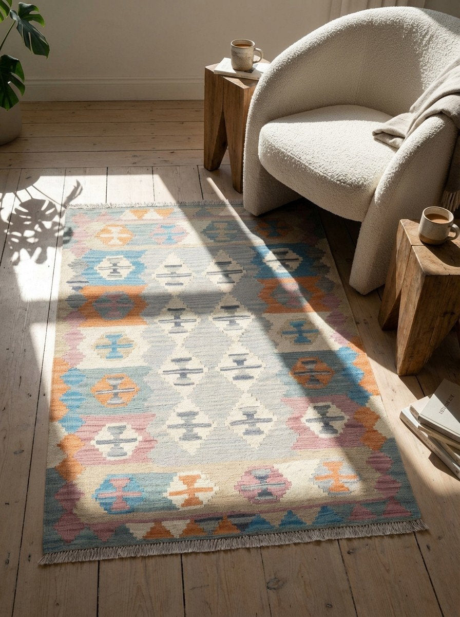 Kelim Gashgai — Handgefertigt, 146x104 cm, Bunt, 100% Virgin Wool | Detail view