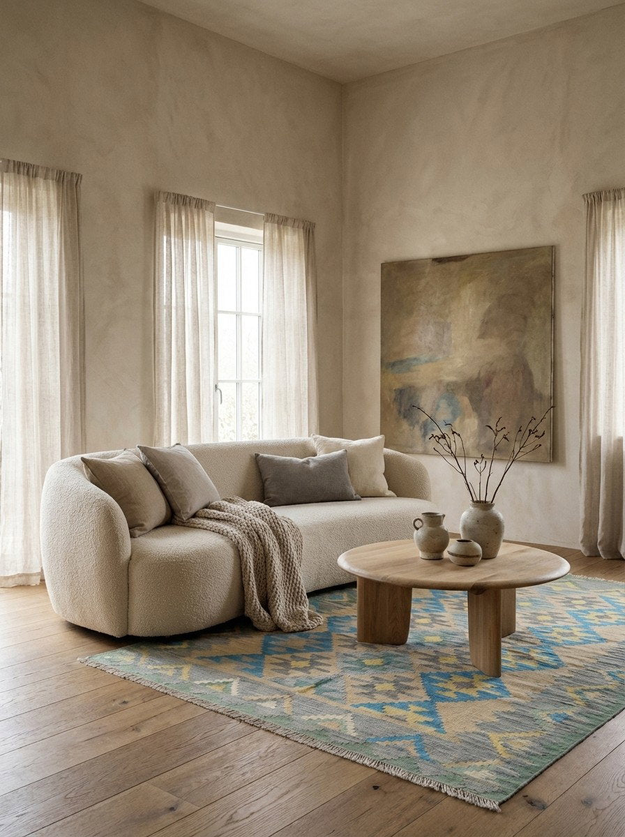 Kelim Gashgai — Handgefertigt, 223x170 cm, Grau, 100% Virgin Wool | Detail view