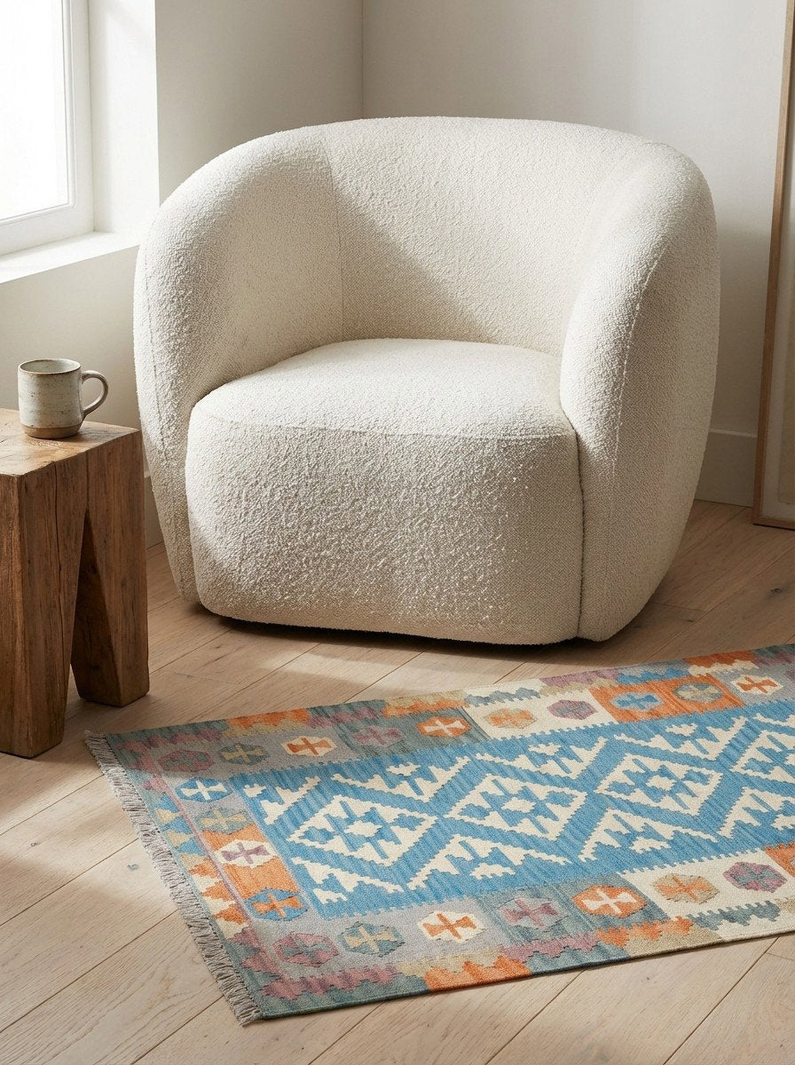 Kelim Gashgai — Handgefertigt, 148x100 cm, Bunt, 100% Virgin Wool | Detail view