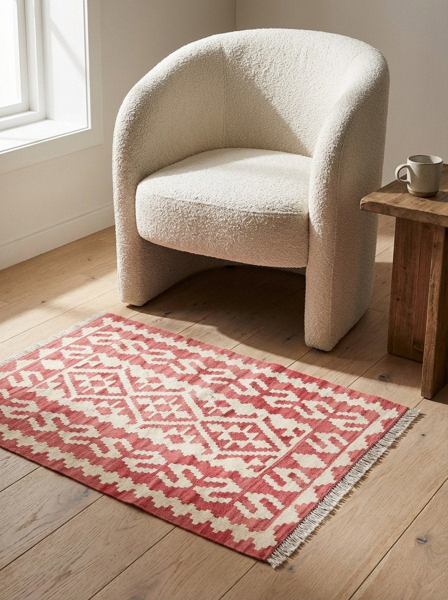 Kelim Gashgai — Handgefertigt, 124x86 cm, Beige, 100% Virgin Wool | Detail view