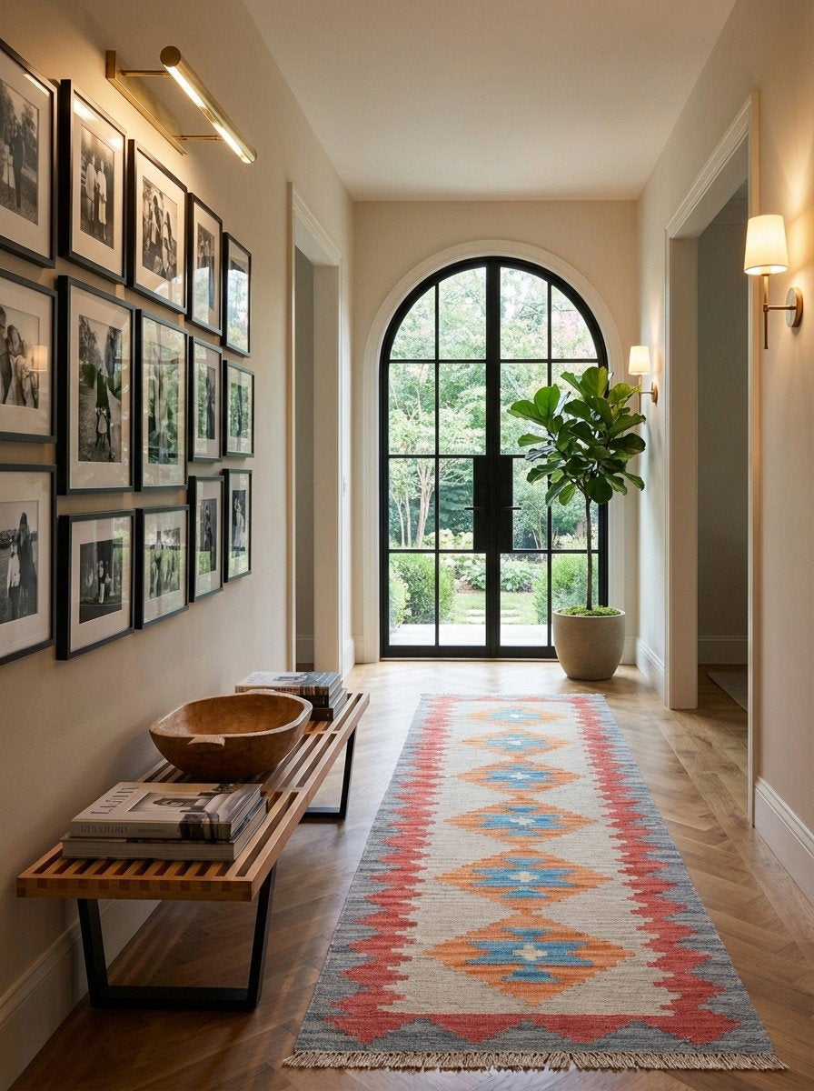 Kelim Gashgai — Handgefertigt, 196x58 cm, Rot, 100% Virgin Wool | Detail view