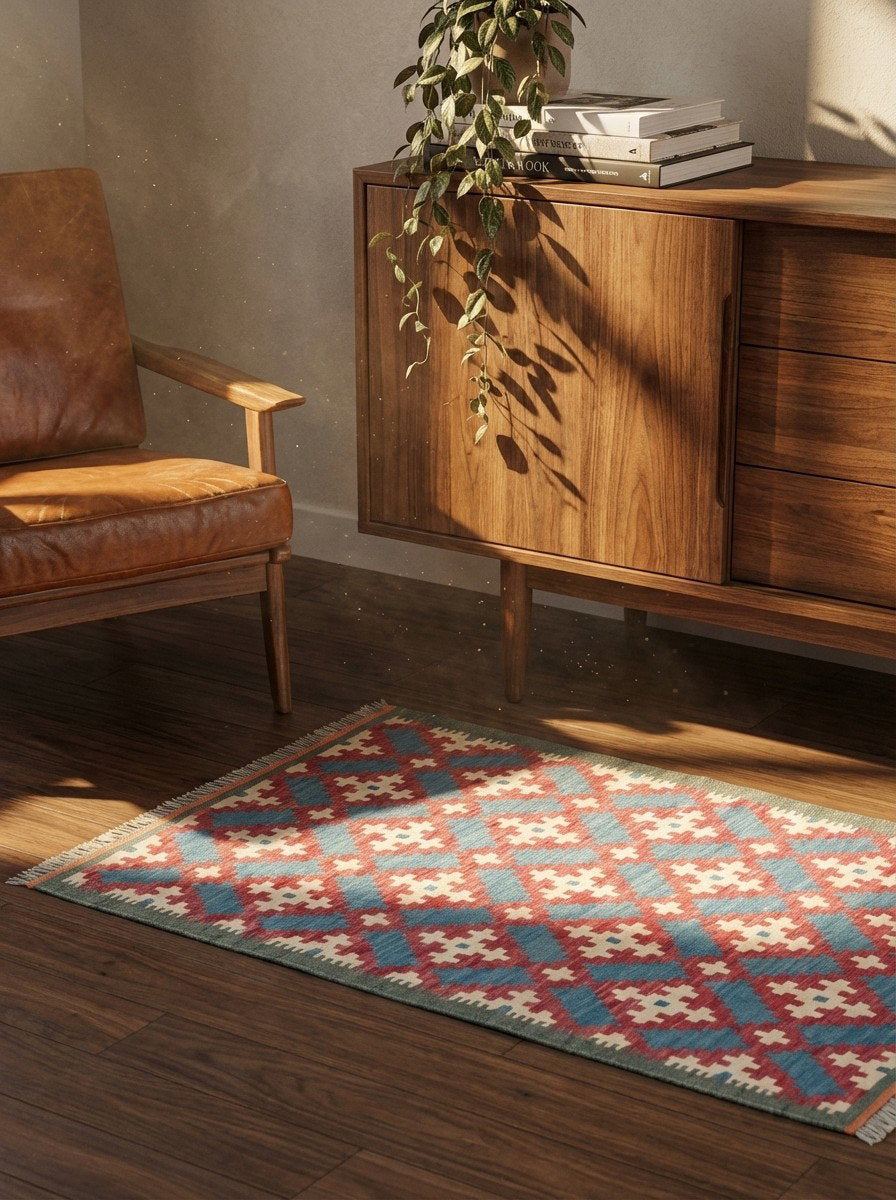 Kelim Gashgai — Handgefertigt, 128x85 cm, Grün, 100% Virgin Wool | Back view