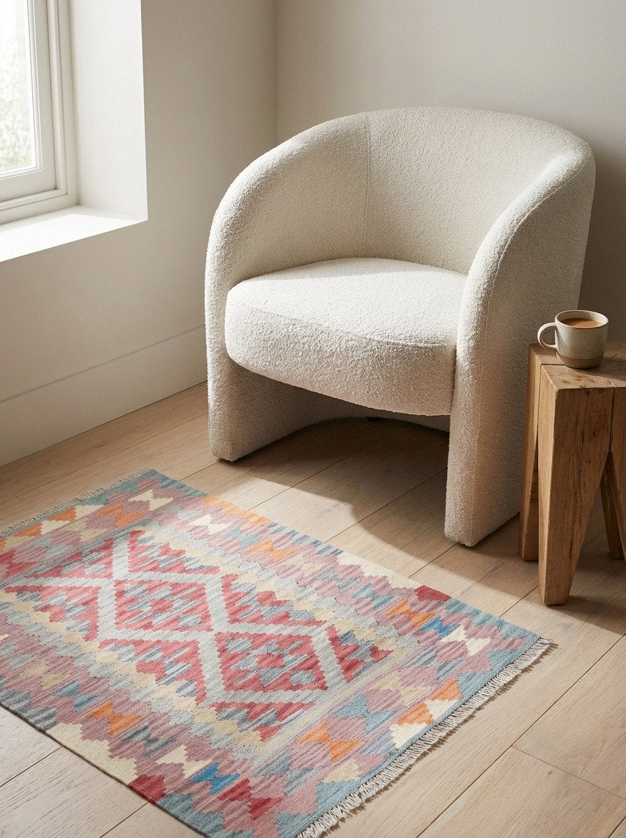 Kelim Gashgai — Handgefertigt, 145x102 cm, Rosa, 100% Virgin Wool | Detail view