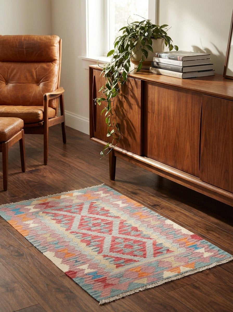 Kelim Gashgai — Handgefertigt, 145x102 cm, Rosa, 100% Virgin Wool | Back view