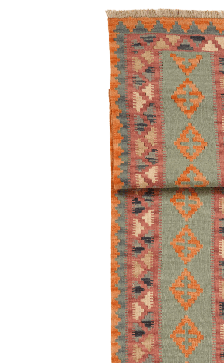 Kelim Gashgai — Handmade, 64x404 cm, Green, 100% Virgin Wool | View 3