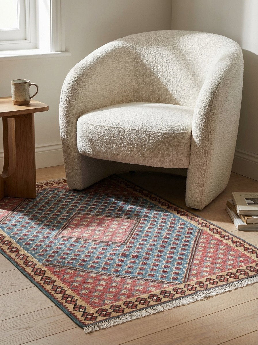 Kelim Senneh — Handgefertigt, 151x107 cm, Bunt, 100% Virgin Wool | Detail view