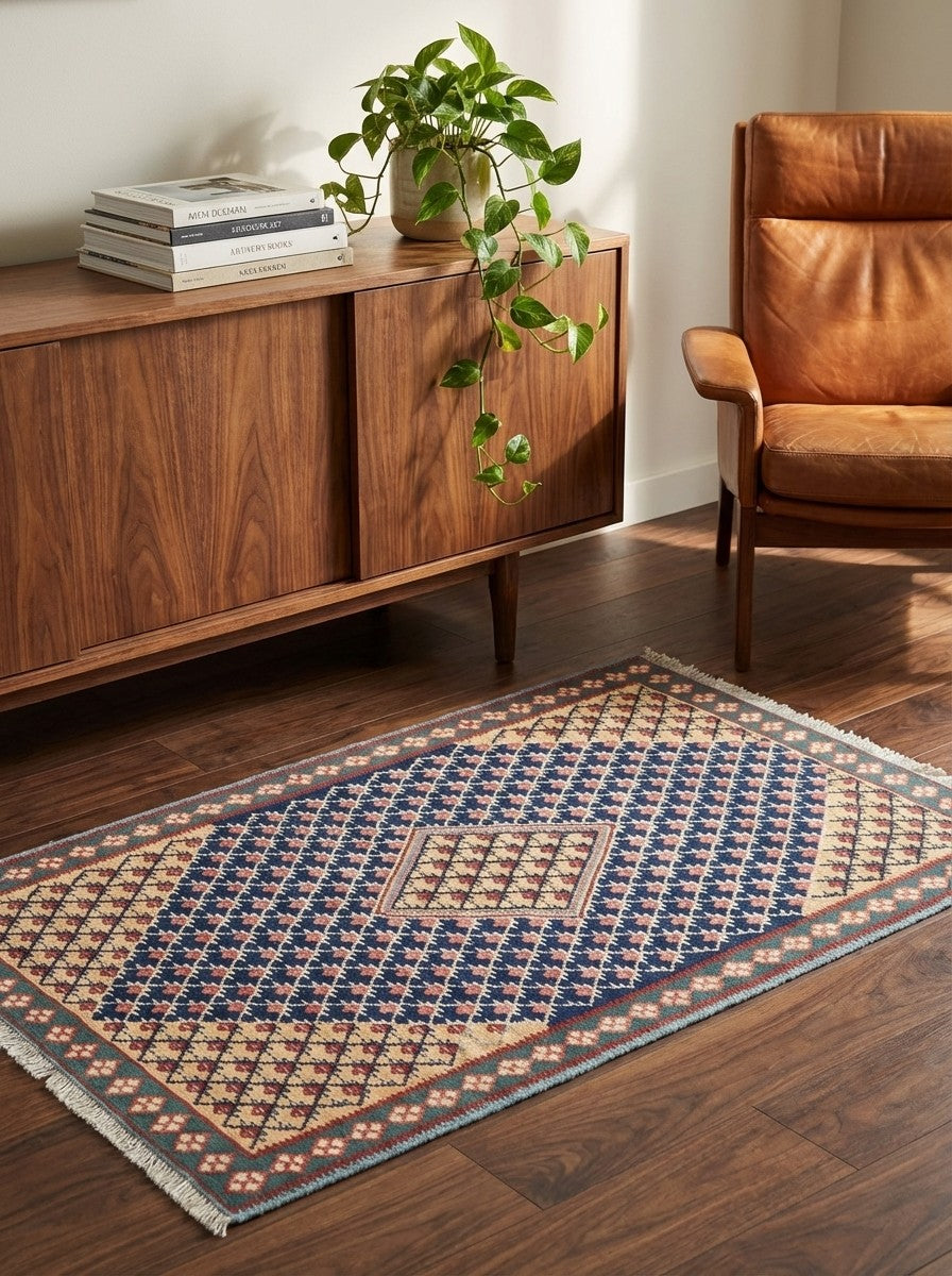 Kelim Senneh — Handmade, 99x159 cm, Blue, 100% Virgin Wool | Back view