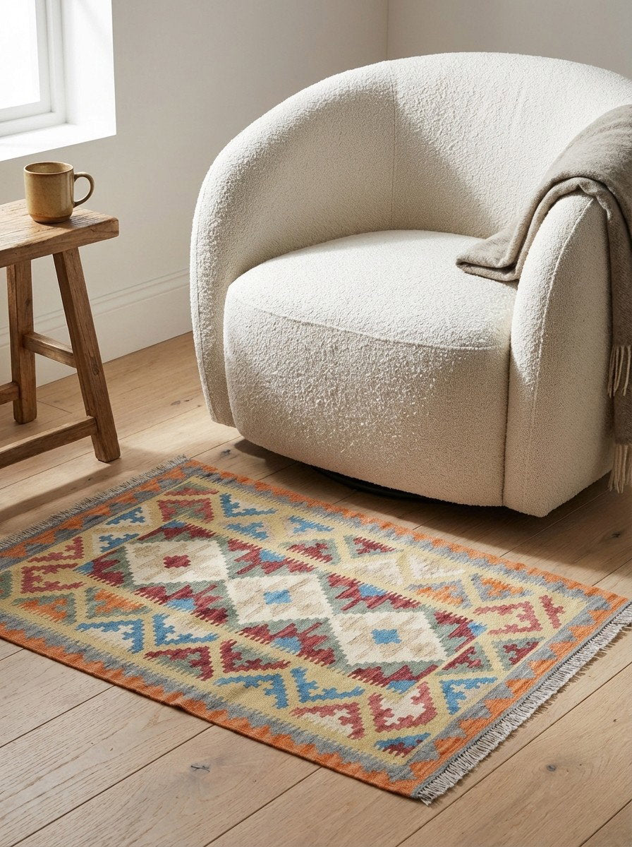 Kelim Gashgai — Handgefertigt, 147x104 cm, Gelb, 100% Virgin Wool | Detail view