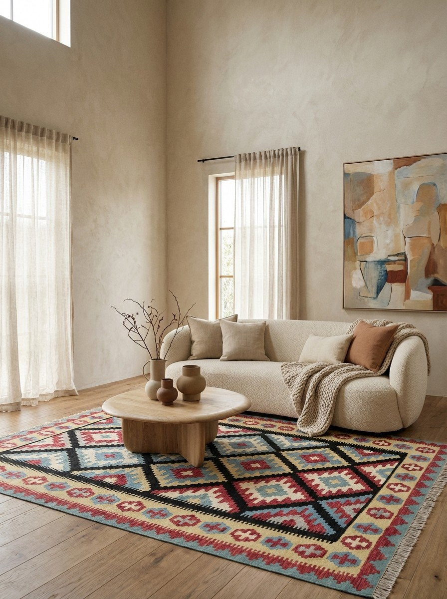 Kelim Gashgai — Handgefertigt, 204x153 cm, Beige, 100% Virgin Wool | Detail view