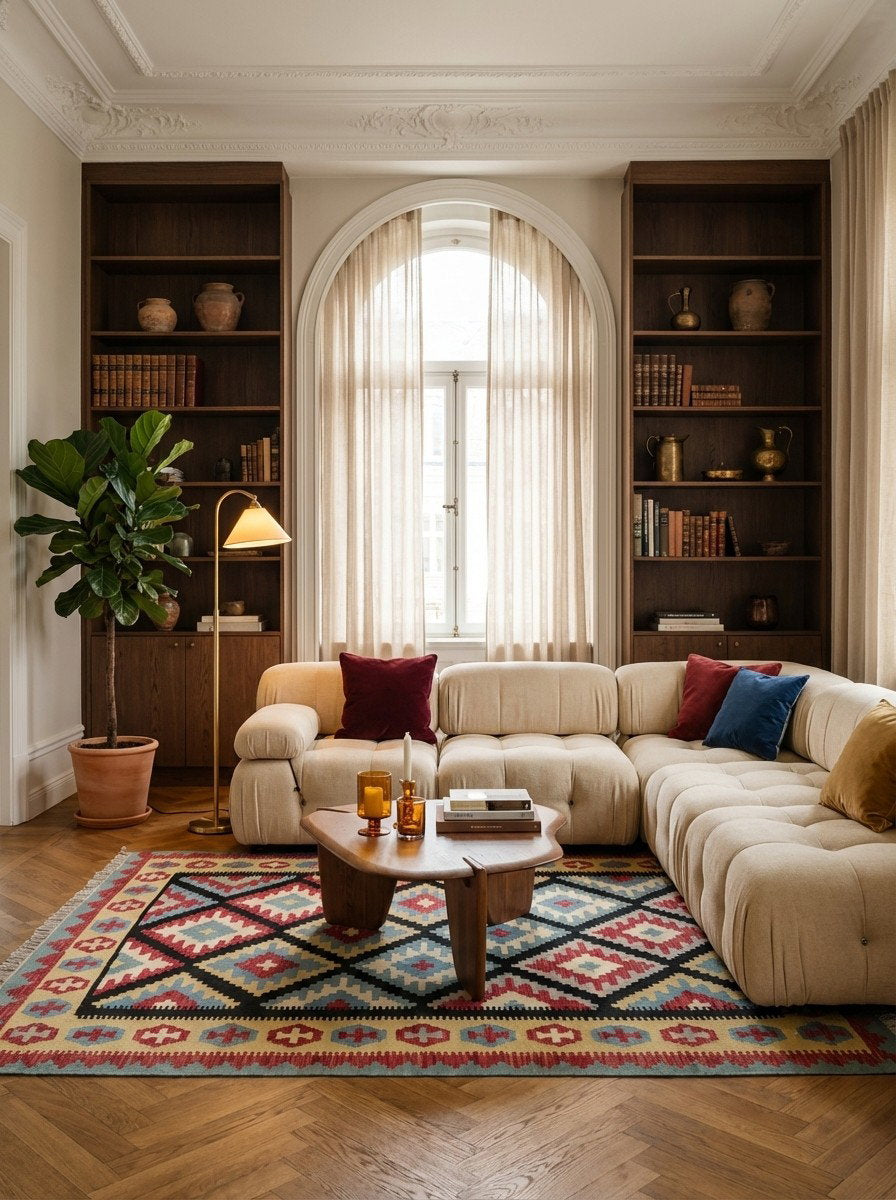 Kelim Gashgai — Handgefertigt, 204x153 cm, Beige, 100% Virgin Wool | Back view