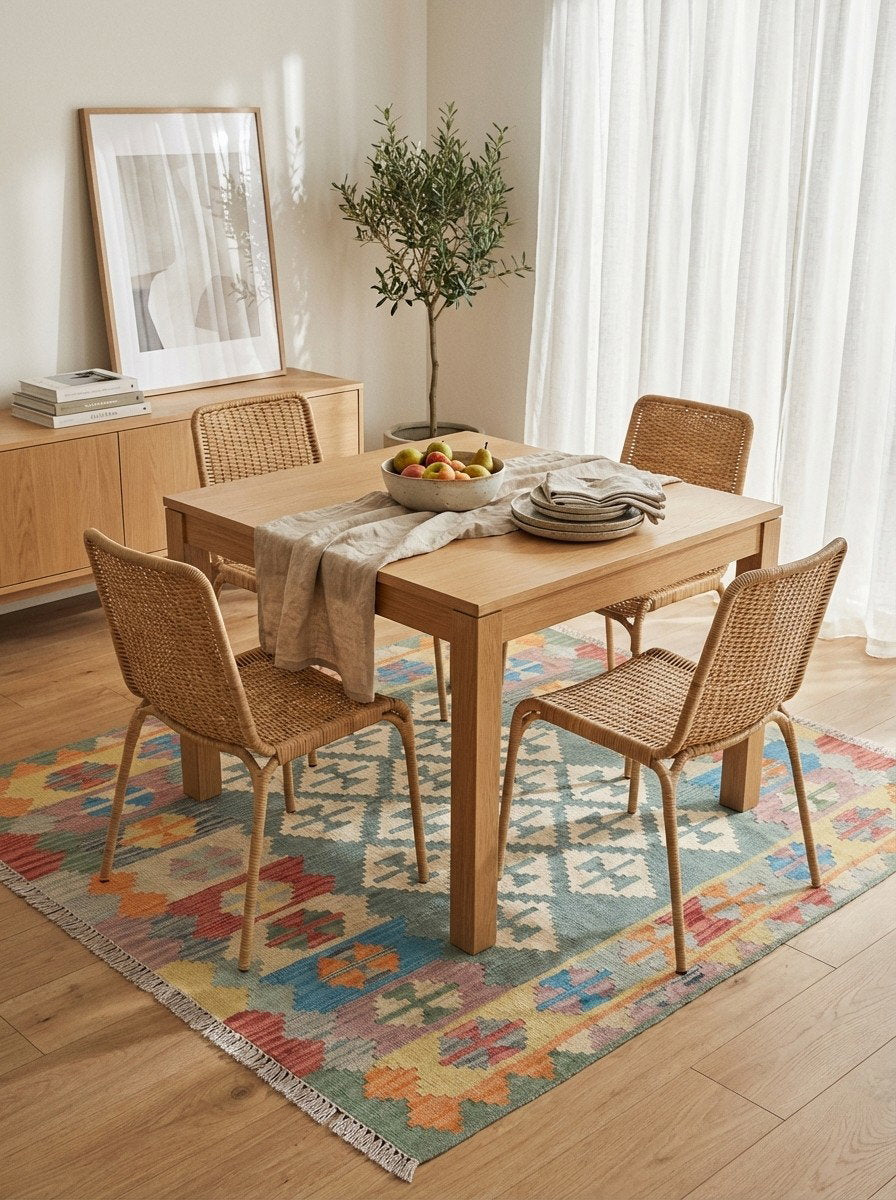 Kelim Gashgai — Handgefertigt, 152x162 cm, Bunt, 100% Virgin Wool | Detail view