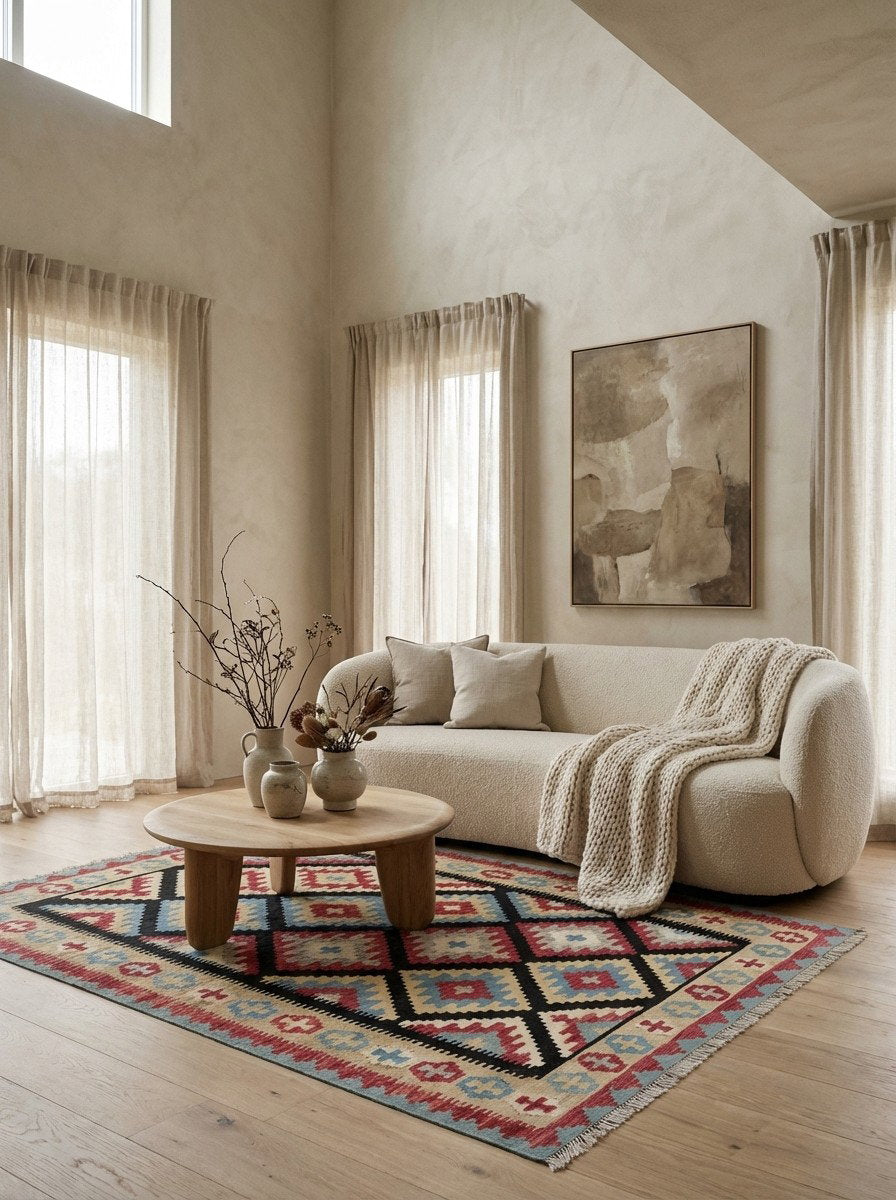 Kelim Gashgai — Handgefertigt, 204x157 cm, Beige, 100% Virgin Wool | Detail view