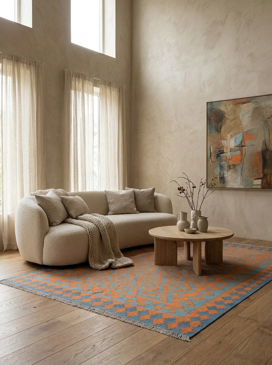 Kelim Gashgai — Handgefertigt, 197x153 cm, Orange, 100% Virgin Wool | Detail view