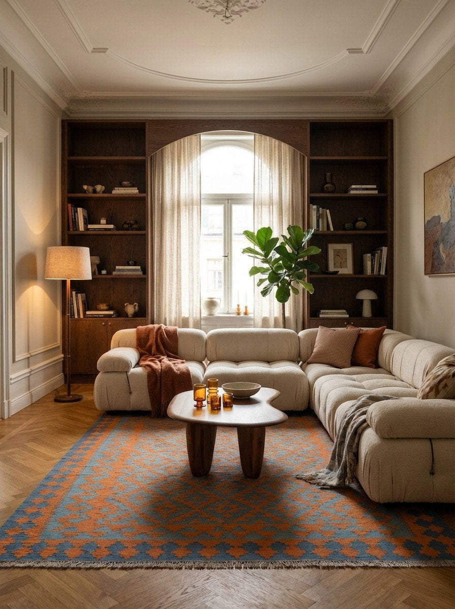 Kelim Gashgai — Handgefertigt, 197x153 cm, Orange, 100% Virgin Wool | Back view