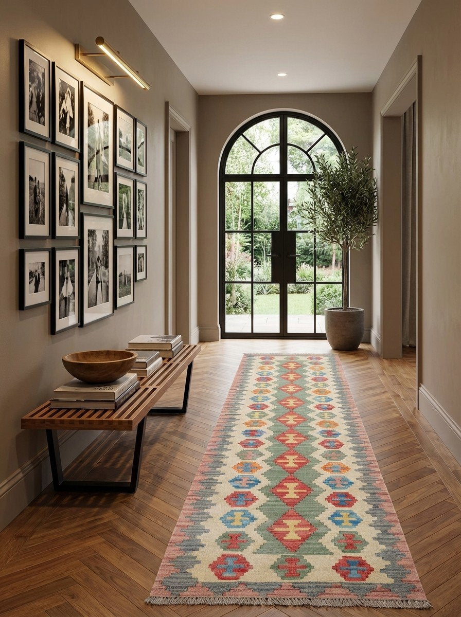 Kelim Gashgai — Handgefertigt, 244x61 cm, Beige, 100% Virgin Wool | Detail view